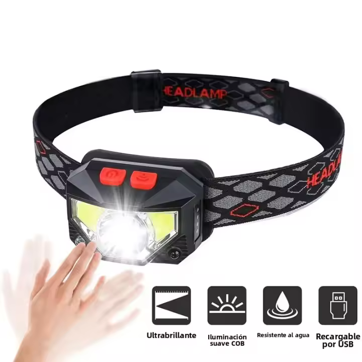 Linterna Frontal LED XPE+COB Con Sensor De Movimiento 6 Modos Recargable USB Impermeable Para Camping Running Pesca - 1