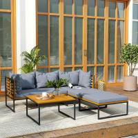 Outsunny Conjunto de Jardín Exterior de 4 Piezas Muebles Jardín Exterior en Forma de L con 2 Sofás de 2 Plazas Sofá de Esquina y Mesa de Centro de Madera de Acacia con Cojines Acolchados Gris y Teca - details 1