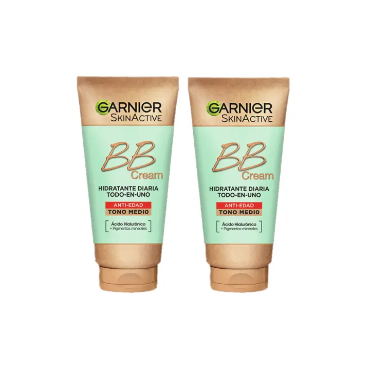 Garnier | Pack 2 unidades de SkinActive BB Cream Anti Edad Tono Medio. Hidratante Todo en Uno con Color con SPF25  Ácido Hialuronico, Extracto de Aloe Vera y Pigmentos Minerales, Hidrata, Unifica, Reduce arrugas y Reafirma la piel 2x50ML - 1