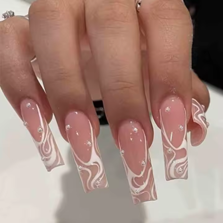 Uñas postizas cuadradas largas de color rosa perla, uñas postizas acrílicas, uñas artificiales para mujeres y niñas, 24 piezas - 1