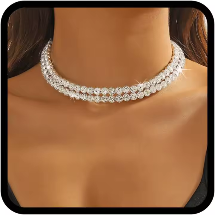 Gargante de Diamantes de imitación de Plata con cristales brillantes en Capas, collar de Novia, joyería para Mujer, sin Talla, Diamante de imitación, No es una Piedra Preciosa - 1