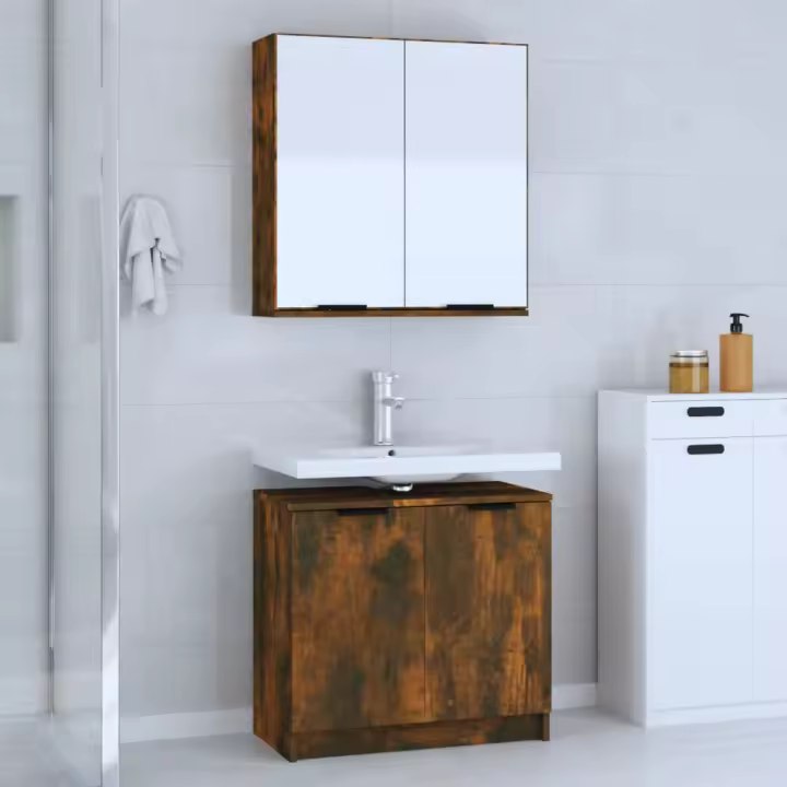 vidaXL Juego de muebles de baño 2 piezas madera contrachapada en color Blanco/Roble ahumado/Gris sonoma y más | almacenamiento funcional diseño moderno para baño dormitorio sala - 1