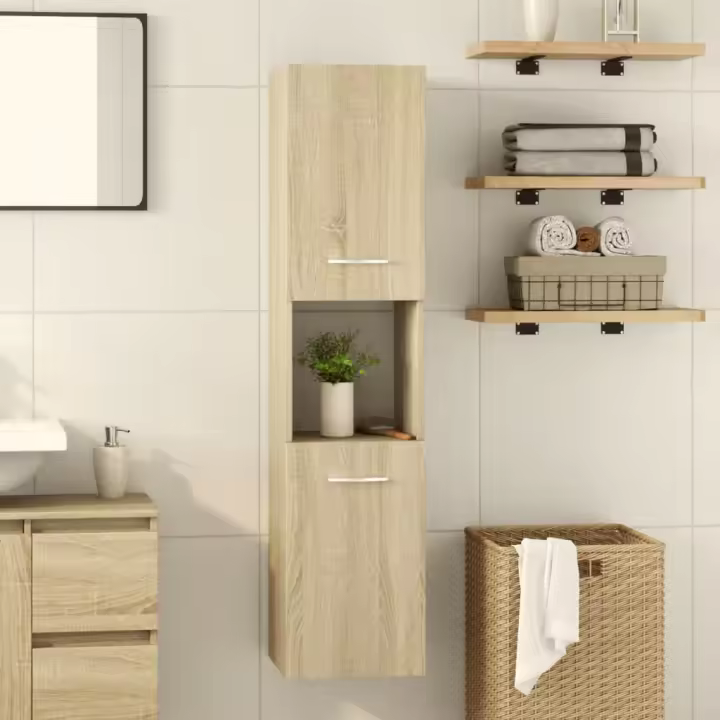 vidaXL Armario de baño madera contrachapada 30x30x130 cm en color Blanco/Marrón roble/Negro y más | almacenamiento funcional diseño moderno para baño dormitorio sala - 1