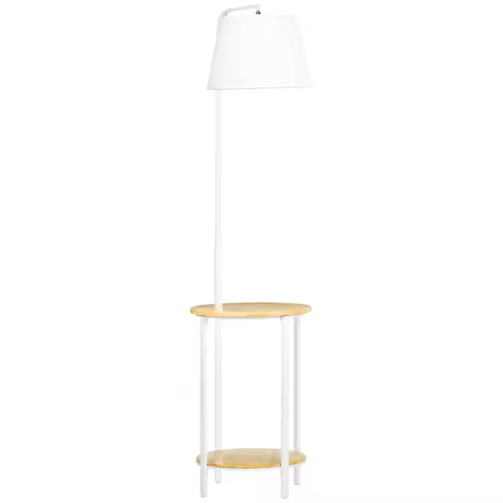 Lámpara de pie de 162 cm y 40 vatios, con dos estantes y una Pantalla de Lino metalizado Blanco, ideal para salones y dormitorios. - 1