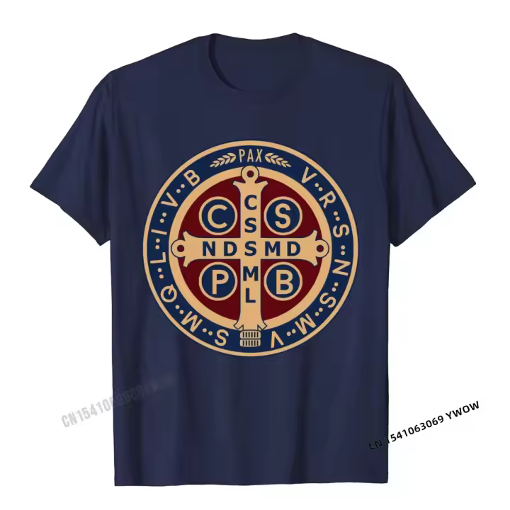 Camiseta De Algodón Para Hombre Estilo Slim Fit Con Medalla De San Benito Imprimido Camisa Casual Para Fiestas Primavera Y Verano - 1