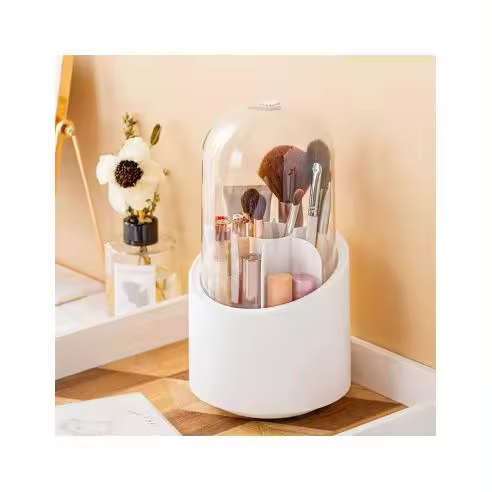 Organizador de Brochas y Maquillaje Mediawavestore - Base Giratoria 360° - 7 Compartimentos - Tapa Transparente - 1