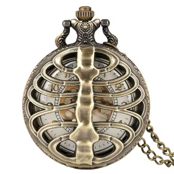 Reloj De Bolsillo De Cuarzo Con Diseño De Espina De Pez Vacío En Bronce Interesante Pulsera Collar Para Regalos De Halloween Para Hombres Y Niños - 1