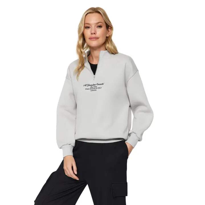Trendyol Gray Thick Inside Fleece Zipper Stand Collar Oversize/Wide Fit Knitted Sweatshirt Twoaw24Sw00127 - 1