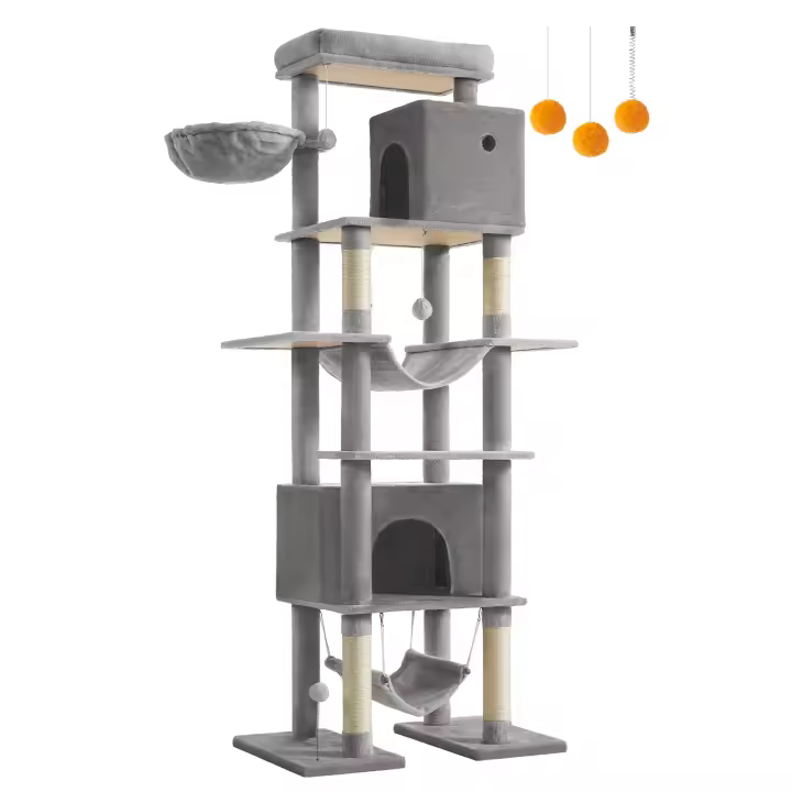 Feandrea Árbol Grande para Gatos, Rascador Multinivel para Gatos XXL, 201 cm de Altura, con una Plataforma, una Cesta, 2 Casas para Gatos, 2 hamacas, Gris Claro/Beige - 1