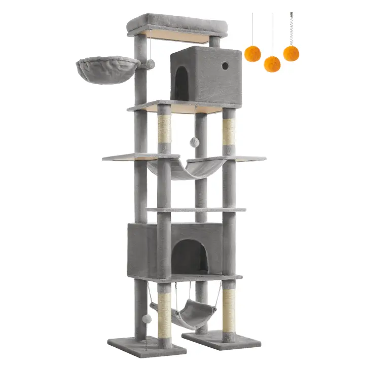 Feandrea Árbol Grande para Gatos, Rascador Multinivel para Gatos XXL, 201 cm de Altura, con una Plataforma, una Cesta, 2 Casas para Gatos, 2 hamacas, Gris Claro/Beige - 1