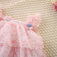 Vestido De Princesa Para Bebé Niña Verano Color Sólido Con Flores Malla Ligera Y Delgada Manga Volante Dulce Vestido De Niña - details 9
