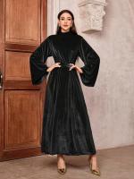 Vestido Maxi Skinny Pleuche Para Mujer Elegante De Noche Con Cinturón Manga Larga Estilo Árabe Islámico A-LINE O-Neck Casual - details 5