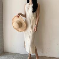 Vestido De Punto REALEFT 2025 Para Mujer Estilo Casual Cuello En V Midi De Pierna Larga Con Abertura Lateral Y Cintura Alta - details 0