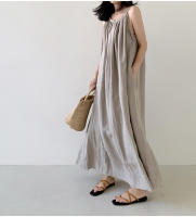 Vestido Largo De Hombros Descubiertos Sin Mangas Para Mujer REALEFT Verano Algodón Y Lino Nuevo Vintage Cuello Redondo Midi - details 2