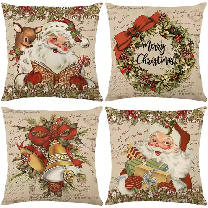Conjunto de 4 Fundas Almohada Navidad, Santa Claus Dibujos Animados Lino Impresión Decorativa Cojín PARA EL Hogar Decoración Festiva - 1