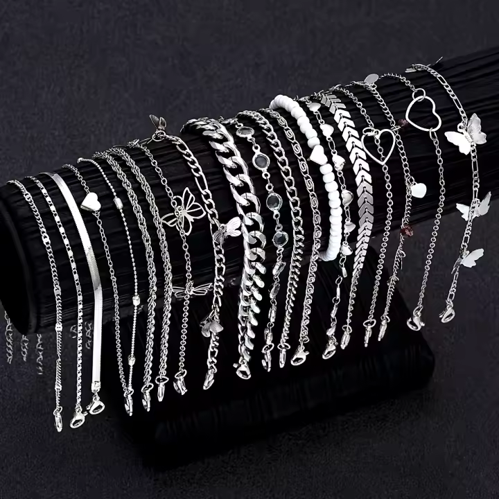 Juego De 20 Pcs Pulseras De Pie De Mariposa Y Corazón De Moda Metálica Bohemia Vintage Con Perlas Para Mujer Joyería De Playa Regalos Clásicos - 1