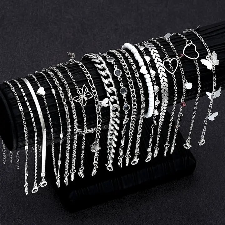 Juego De 20 Pcs Pulseras De Pie De Mariposa Y Corazón De Moda Metálica Bohemia Vintage Con Perlas Para Mujer Joyería De Playa Regalos Clásicos - 1
