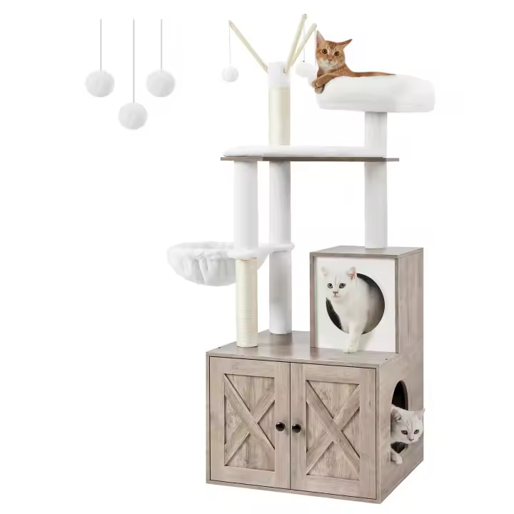 Feandrea Árbol para Gatos con Arenero Oculto, Rascador Moderno 2 en 1, Casa con Palos y Pompones Movibles, Gris/Marrón Rústico - 1