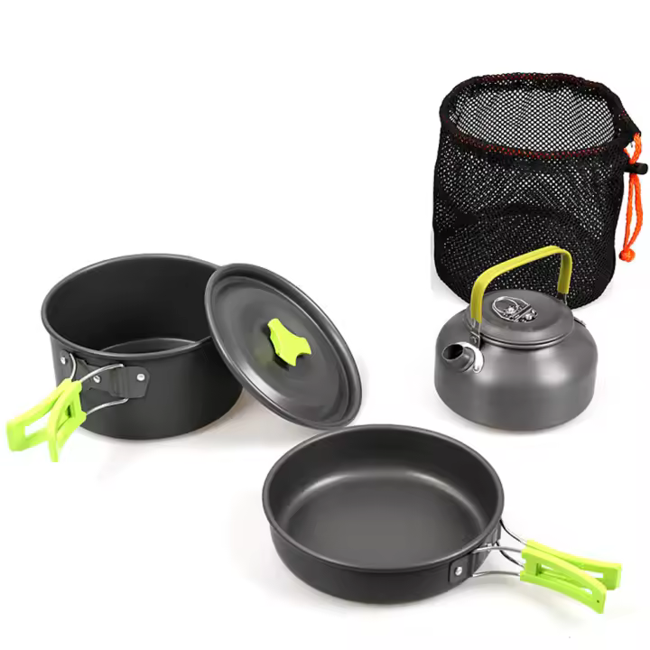 Juego de utensilios de cocina para camping, juego de utensilios de cocina, ollas de picnic, utensilios de cocina, juego de vajilla de aluminio para 2-3 personas, camping, senderismo al aire libre, mochilero, picnic, barbacoa - 1
