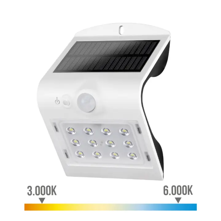 APLIQUE SOLAR 1,5W 220lm RECARGABLE. SENSOR DE PRESENCIA (2-6m) COLOR BLANCO 9,5x7,3x13cm EDM - 1
