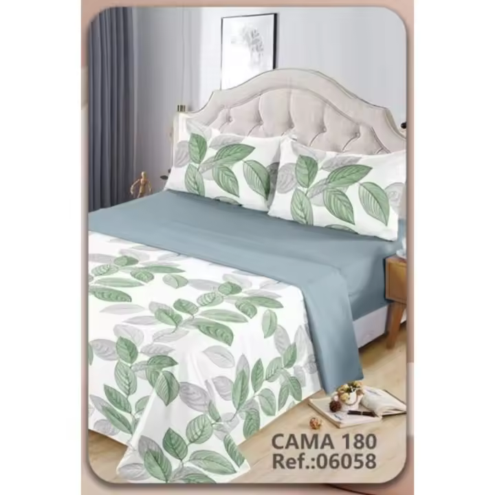 Juego de sábanas 4 piezas cama 135cm/150cm/180cm Color primavera - verano Estampado hojas verdes - 1