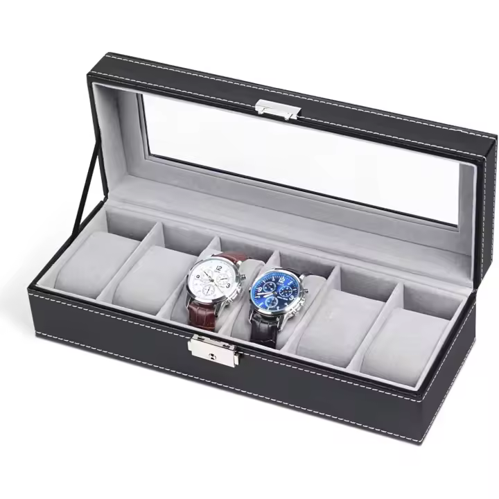 Organizador de Caja de Reloj With 6 ranuraspara helbres, soporte de Exposición de Reloj Negro, estuches de almacenamiento, Negro - 1