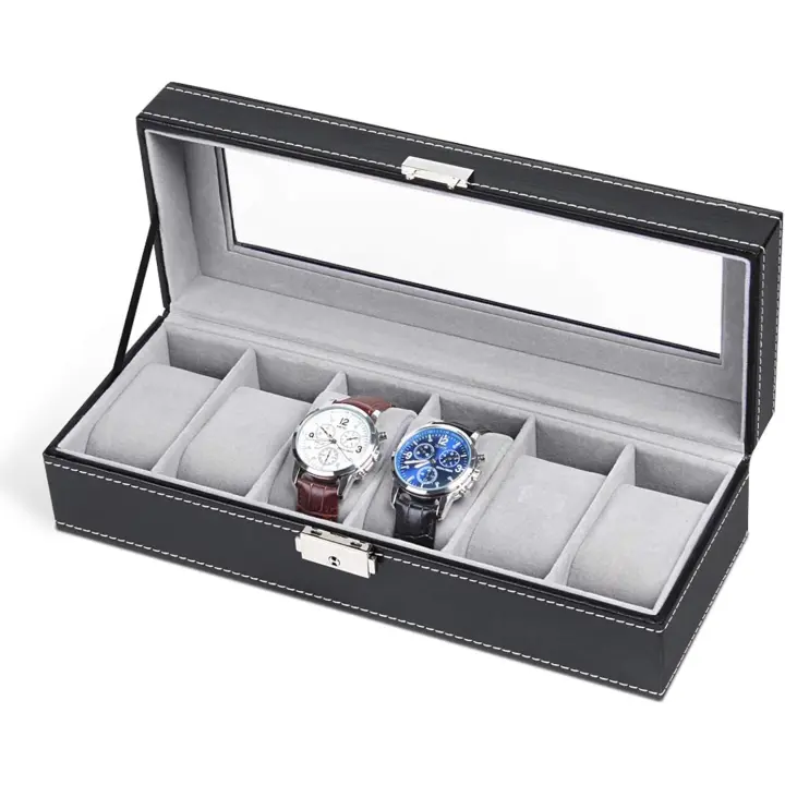 Organizador de Caja de Reloj With 6 ranuraspara helbres, soporte de Exposición de Reloj Negro, estuches de almacenamiento, Negro - 1