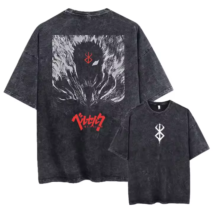 Camiseta Anime Berserk Guts Acid Retro Vintage Lavada Para Hombres Harajuku Algodón Casual Manga Corta Tops Unisex - 1