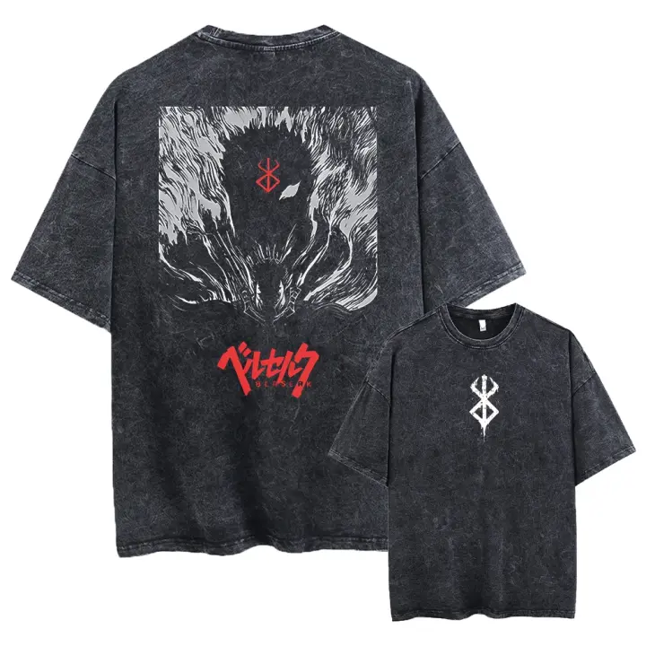 Camiseta Anime Berserk Guts Acid Retro Vintage Lavada Para Hombres Harajuku Algodón Casual Manga Corta Tops Unisex - 1