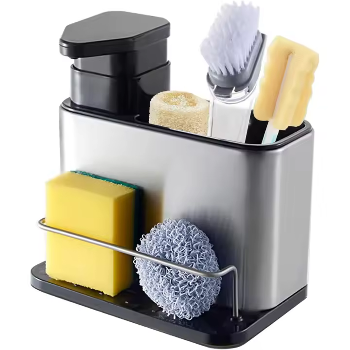 Organizador de cocina, equipado con caja y dispensador de jabón incorporado, soporte para fregadero de acero inoxidable - 1
