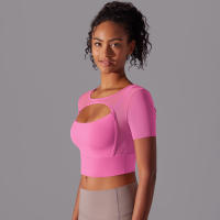Camiseta de manga corta para Yoga, Top Sexy de Doble Capa, ropa de Malla empalmada, Sujetador Deportivo para correr y Fitness, Color sólido, Mujer - details 18