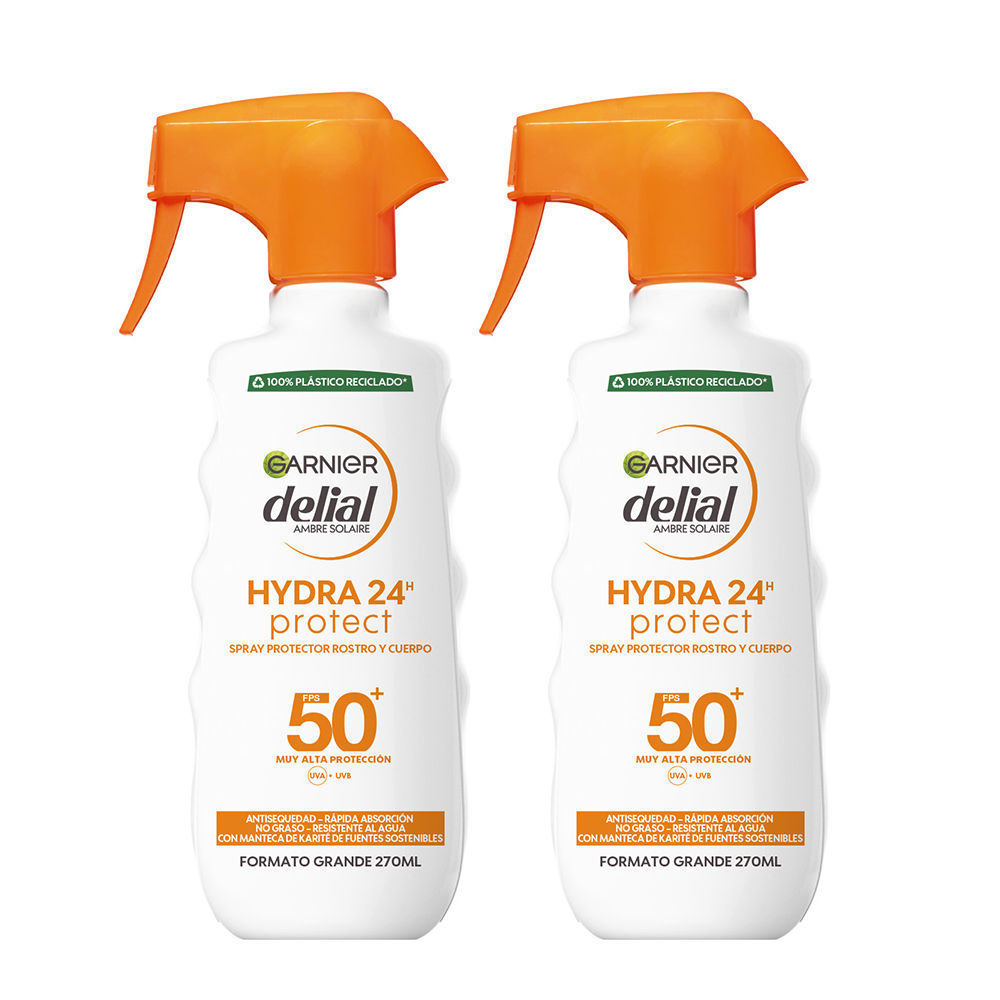 GARNIER | Delial Spray Protector SPF 50+ HYDRA 24 Protect Muy Alta Protección Resistente al Agua, Fórmula Hidratante No Grasa con Manteca de Karité de Fuentes Sostenibles Para una Piel Protegida, Hidratada y Suave 2x270ml.