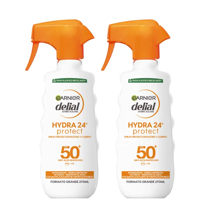 GARNIER | Delial Spray Protector SPF 50+ HYDRA 24 Protect Muy Alta Protección Resistente al Agua, Fórmula Hidratante No Grasa con Manteca de Karité de Fuentes Sostenibles Para una Piel Protegida, Hidratada y Suave 2x270ml. - 1