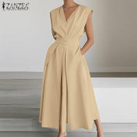Vestido Largo Sin Mangas De Verano ZANZEA 2025 Elegante Vestido De Trabajo Para Mujer Con Botones Estilo Oficina A-Line V-Neck Polyester - details 1