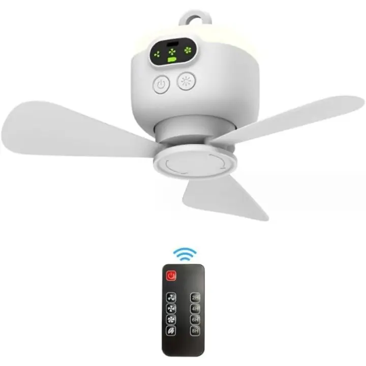 Ventilador de techo moderno recargable USB de 8000 mAh portátil con control remoto para camping en tiendas de campaña al aire libre - Blanco - ¡Refresca tu camping con estilo! - 1