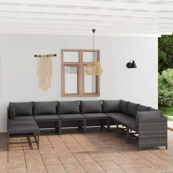 vidaXL Set de muebles de jardín 11 pzas y cojines ratán sintético gris - 1