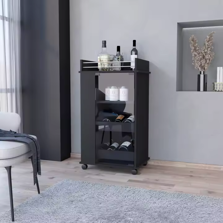 TUHOME Carro de Bar Lusk con Estante para 2 Botellas, Puerta de Vidrio y Ruedas Giratorias, Negro Alto: 99,1cm Ancho: 55 cm Profundidad: 41,5 cm - 1
