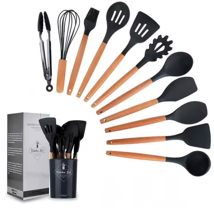 Juego De Utensilios De Cocina Ecológicos De Silicona 12PCS Con Mango De Madera Espátula Shovel Batidores De Huevo Herramientas De Cocina No Adherentes - 1