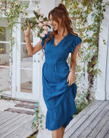 Vestido Largo Medio De Verano Para Mujer Con Manga Volante Y Cuello V Estilo Casual Suelto A-Line Sin Capucha Material Viscosa Y Poliéster - details 14