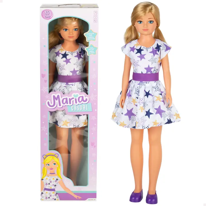 COLORBABY Muñeca María grande 85 cm, pelo rubio y largo, para peinar, piernas y brazos articulados, vestido de estrellas, ropa con velcro, zapatos quita y pon, muñecas grandes articuladas, juguetes niños 3 años - 1