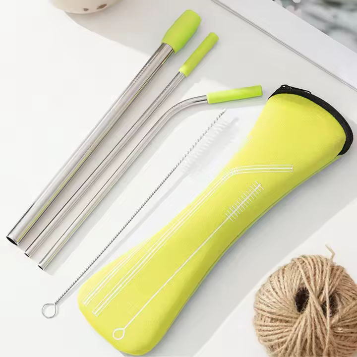 Juego De 7 Piezas De Tenedores De Acero Inoxidable Ecológico Con Toppings De Silicona Cepillo De Limpieza Y Bolsa De Almacenamiento Accesorios Para Beber Reutilizables - 1