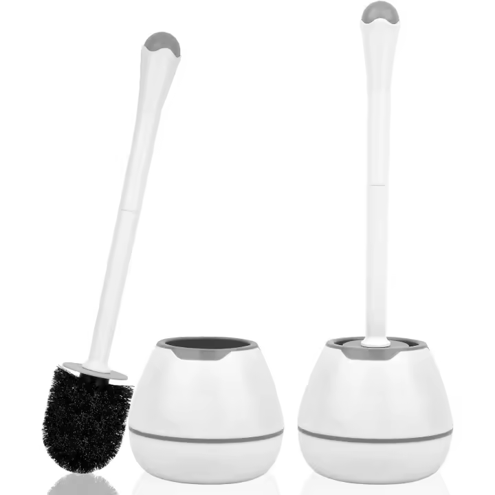 Cepillo y soporte para inodoro, paquete de 2 cepillos y soportes para inodoro con mango largo, soporte de plástico fácil de ocultar, a prueba de goteo, color blanco - 1