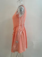 Vestido De Playa Para Mujer Con Encaje Y Sin Mangas Estilo Europeo Y Americano Dulce Y Claro De Color Sólido Para Verano Vestido De Cintura Alta Con Cuello En V Y Manga Corta - details 2