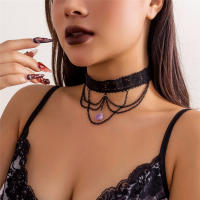 Collar Gótico Negro Con Encaje Y Pendiente De Piedra Morada Para Mujer Estilo Vintage Multicapa Cadena Metálica Para Fiesta De Halloween Joyería Steampunk - details 2