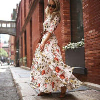 Vestido Elegante De Maxi Estampado Floral Para Mujer A-Línea Cintura Alta Manga Corta Estilo Bohemio Vestido Largo - details 3