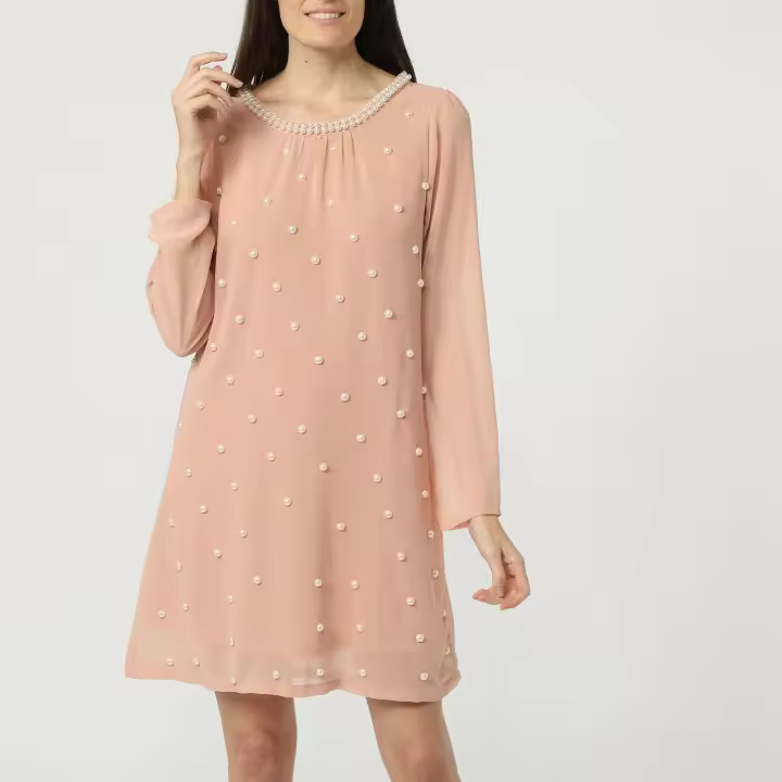 ANANY Vestido con Perlas Manga Larga Cuello Redondo Rosa Empolvado Elegante - 1