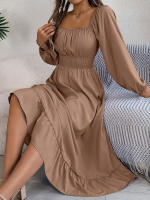 Vestido Largo Elegante De Verano Con Cuello Cuadrado Y Mangas Largas Para Damas De Honor Vestido De Mujer Con Borde Volante Y Cintura Alta - details 17