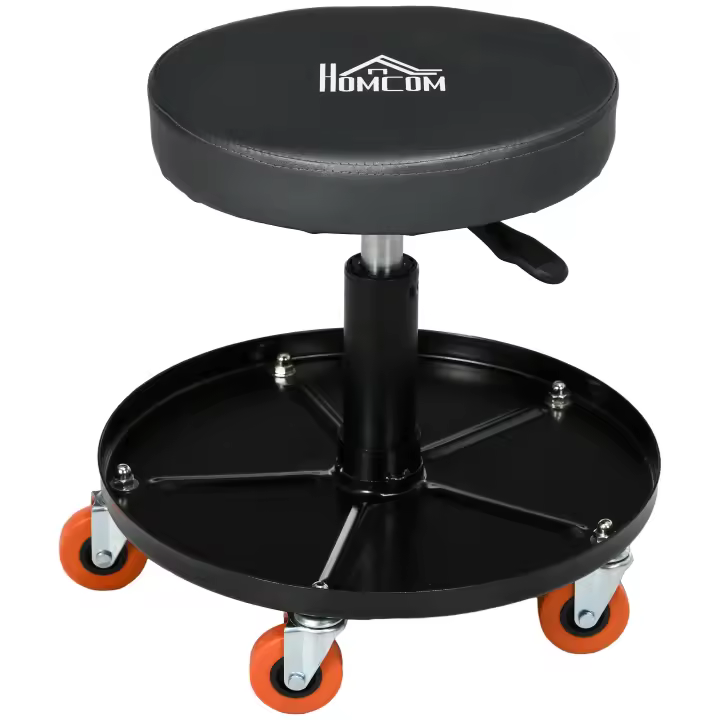 HOMCOM Taburete Mecánico, Carro de Taller, Asiento Giratorio, Altura Regulable, Taburete de Taller con Ruedas, Bandeja de 100 kg para Taller y Reparación de Coches, Color Negro - 1