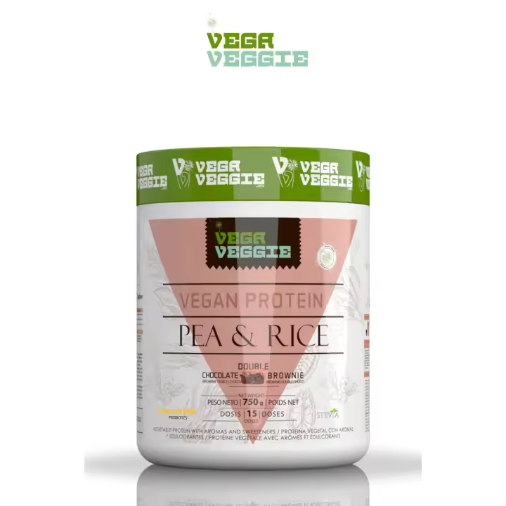 PEA & RICE VEGA VEGGIE. Proteína vegetal [750g] MEzcla de proteinas veganas de guisante y arroz en dos deliciosos sabores de chocolate doble y crumble de frutos rojos - 1