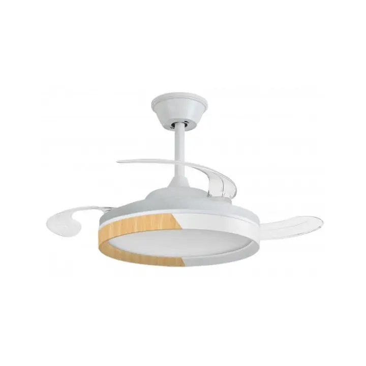 NARVI Ventilador de techo color blanco+Haya, 3 Palas Retráctiles transparentes ,Motor DC 30W , Luz LED 45W x2,  Regulable en intensidad y color (CCT).  Con Memoria y  Mando a distancia. Ref. CANNES 7189 WDNL+WH - 1